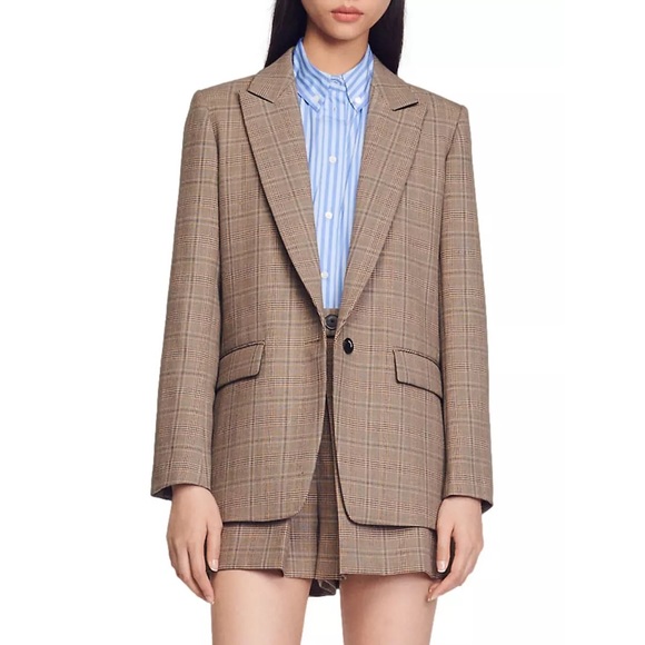 SANDRO | (size 40) Jada Windowpane Brown Plaid Check Blazer Jacket - Picture 1 of 10